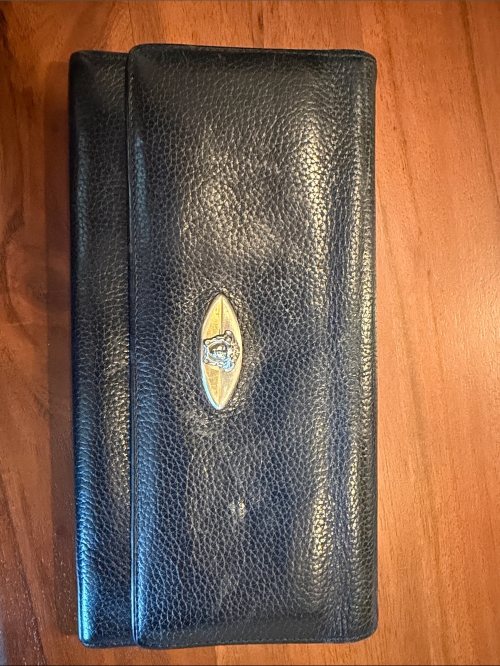 Versace Vintage  Black Leather Continental Wallet with Gold Medallion